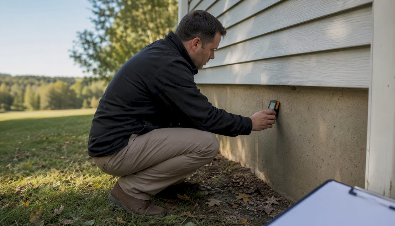 Inspector measuring moisture near house foundation