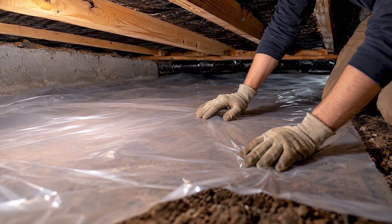 Hands installing crawlspace vapor barrier