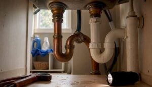 Under-sink view of P-trap and S-trap plumbing