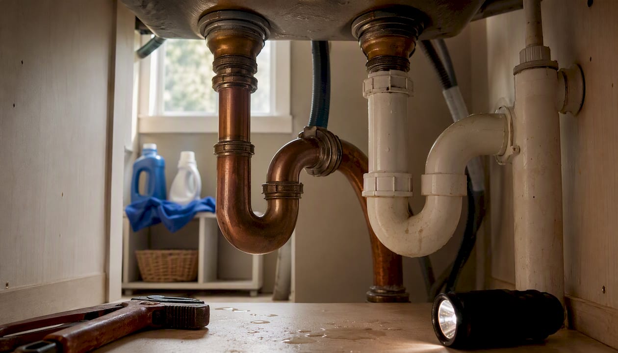 Under-sink view of P-trap and S-trap plumbing