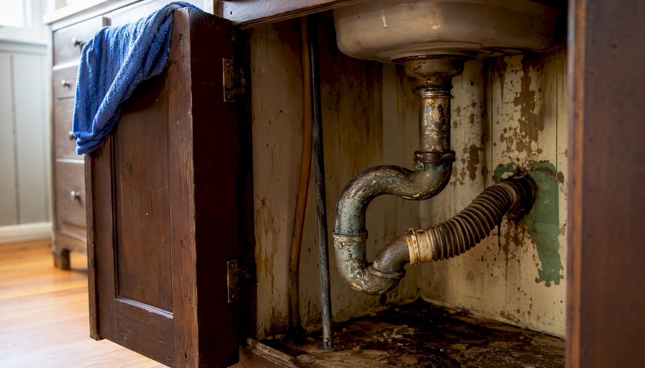 Old S-trap plumbing with flexible tubing repair