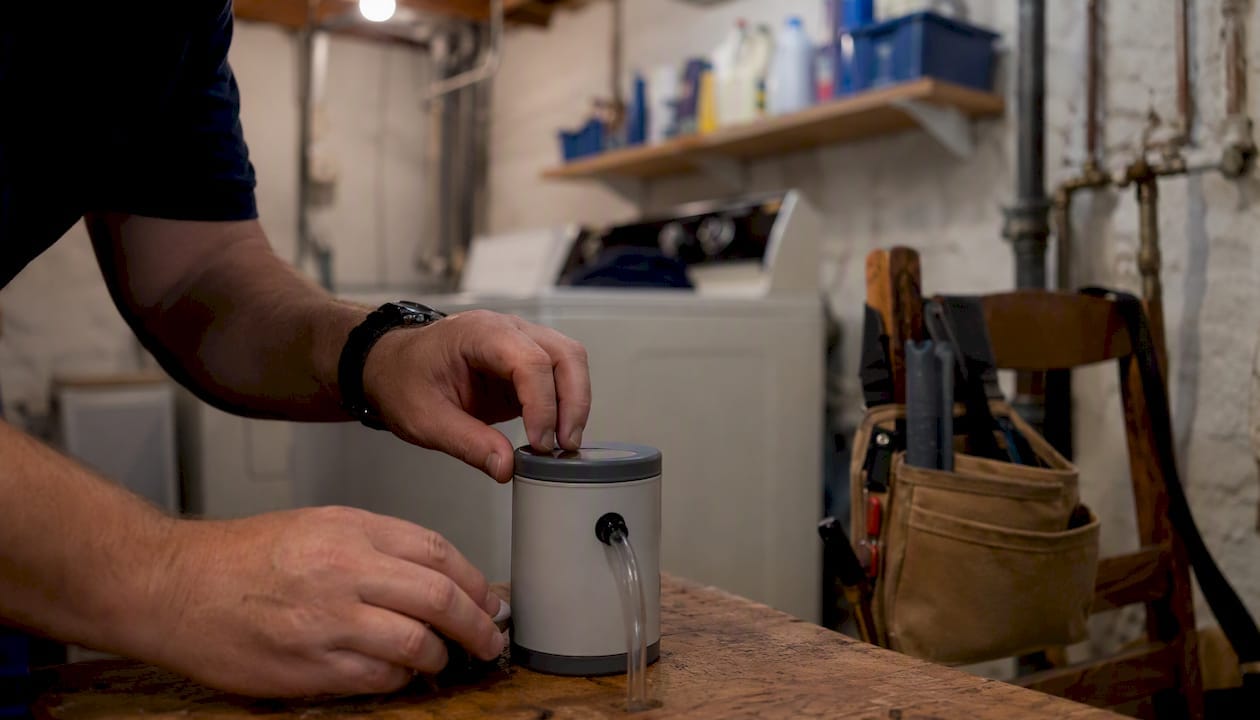 Inspector placing radon test device indoors