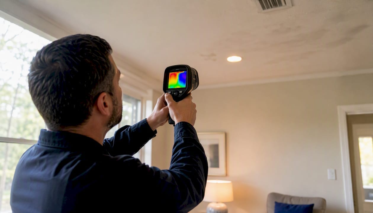Inspector using thermal imaging camera on home wall