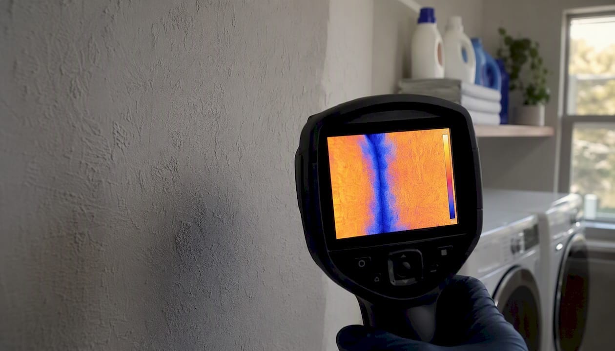 Thermal camera showing cool streak on wall