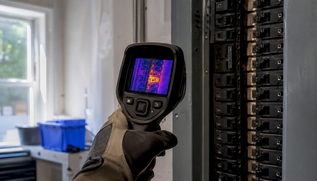 Thermal imaging highlighting hot breaker in electrical panel