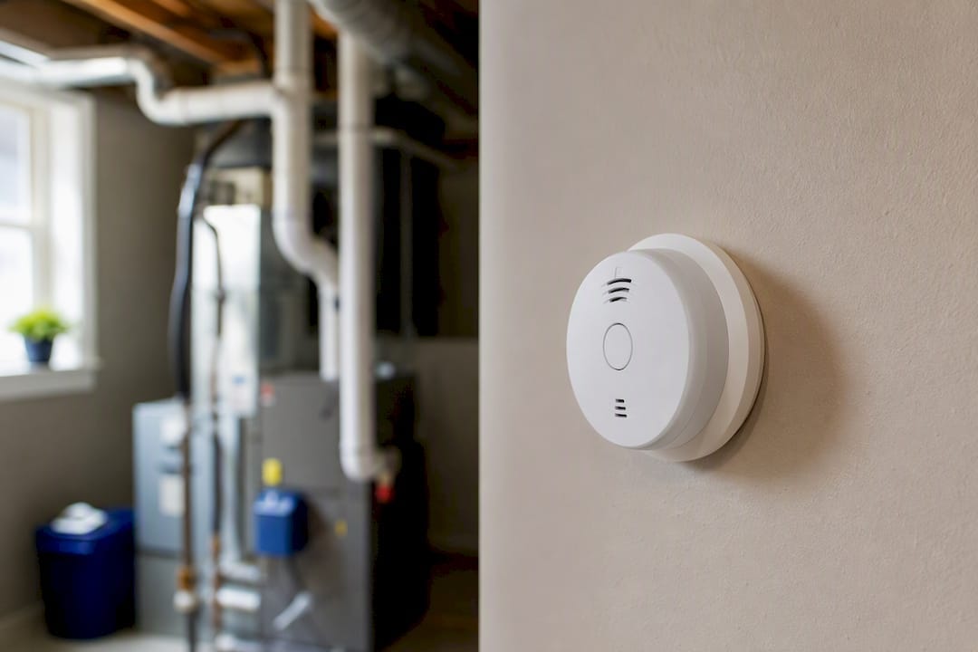Carbon monoxide alarm mounted on wall near furnace
