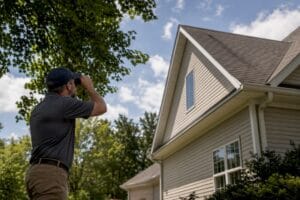 Home inspector examining house siding exterior