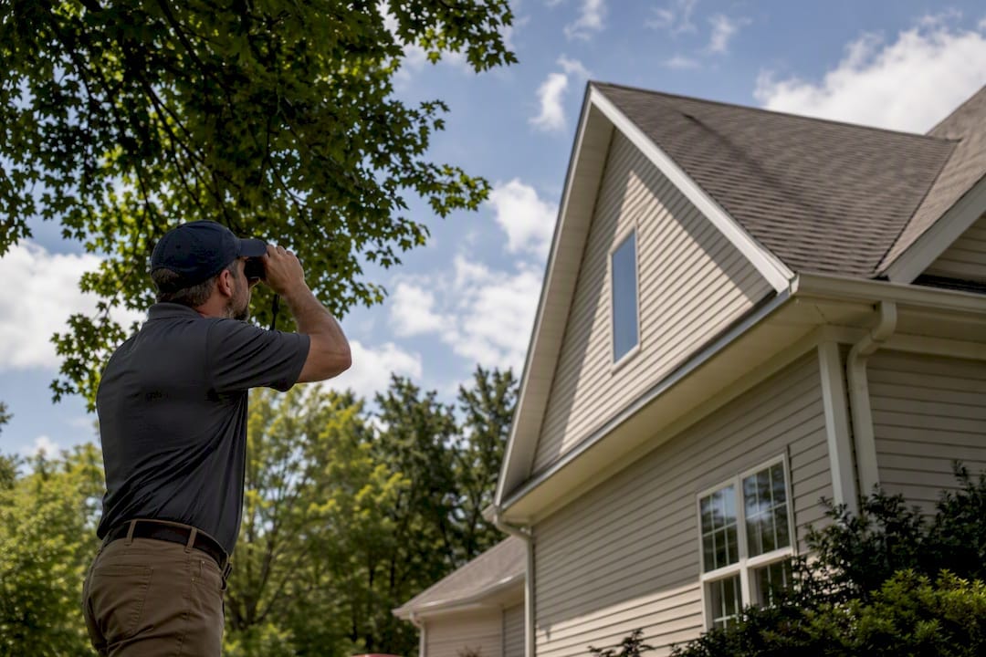 Home inspector examining house siding exterior