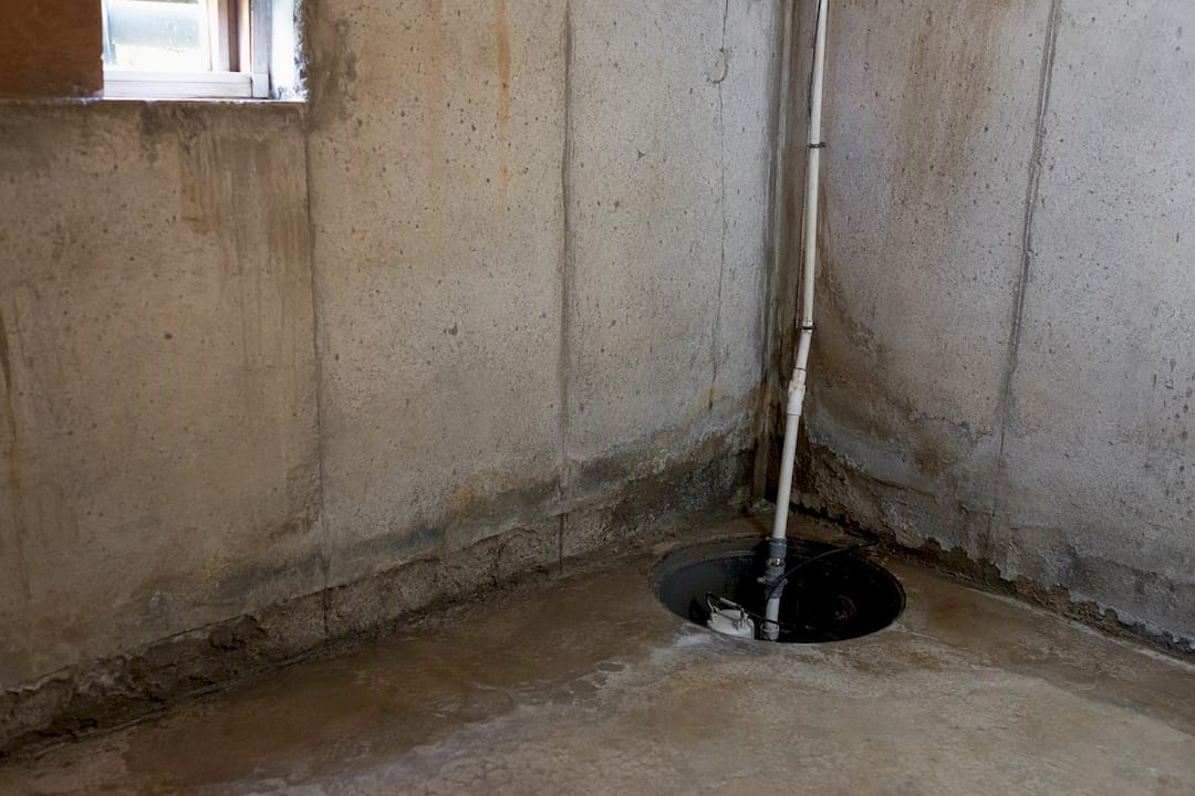 Basement wall with moisture stains and foundation crack