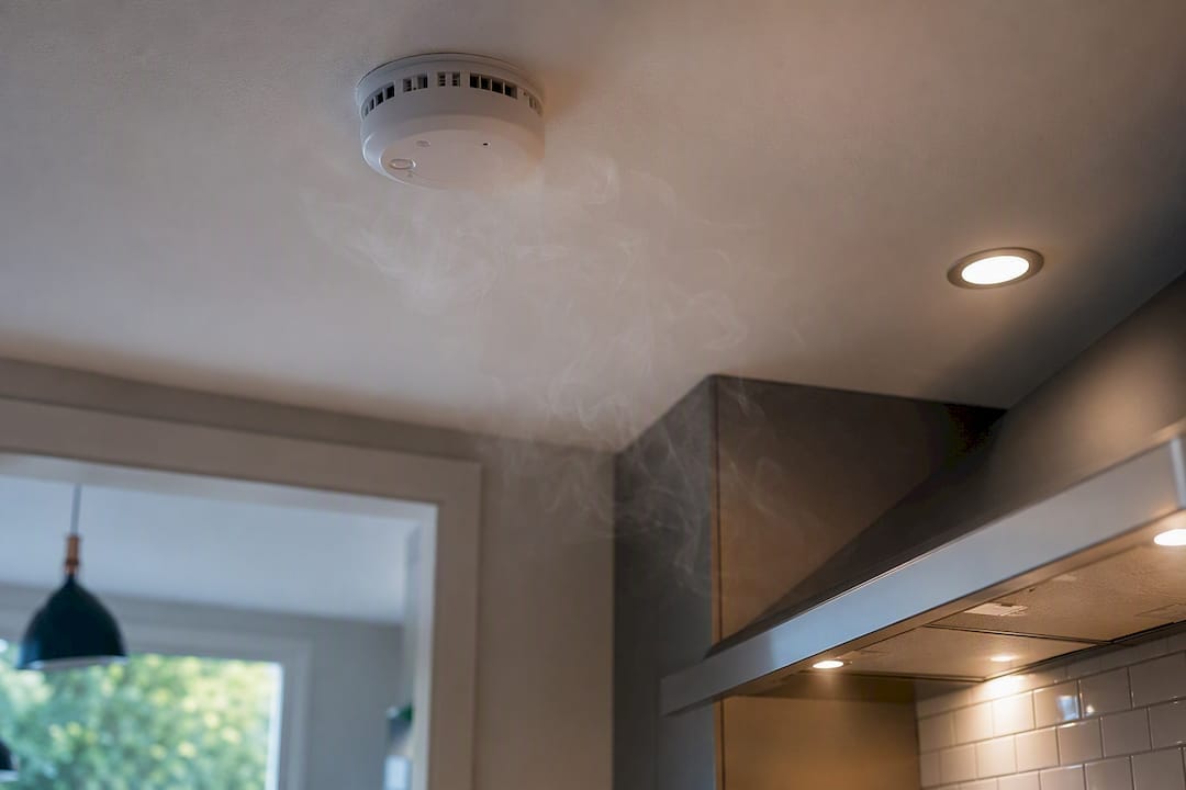 Smoke detector near kitchen with cooking vapor nearby