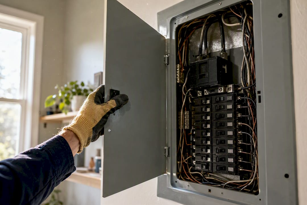Inspector inspecting electrical panel close-up