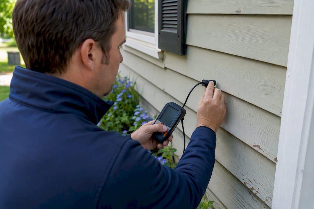 Home inspector checking exterior siding