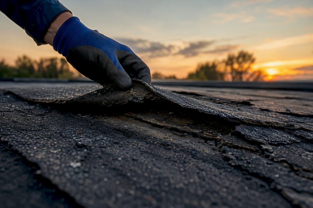 Inspector lifting roof shingles closely
