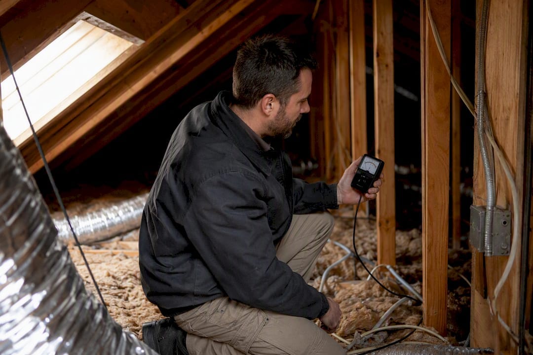 Home inspector examining attic with tool