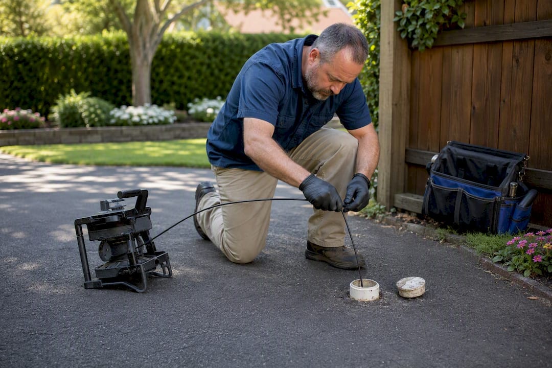 Home inspector operating sewer camera at cleanout