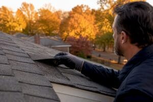 Inspector inspecting asphalt shingles on roof