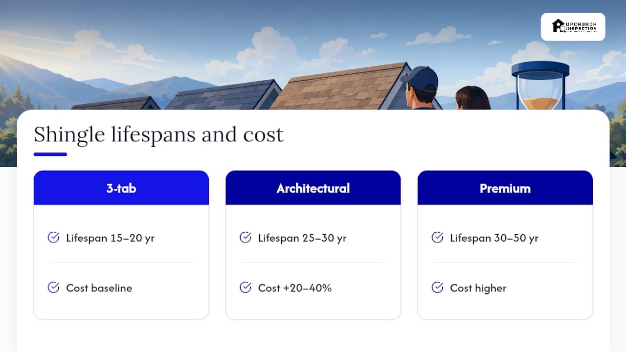 Comparison diagram of asphalt shingle lifespans and costs