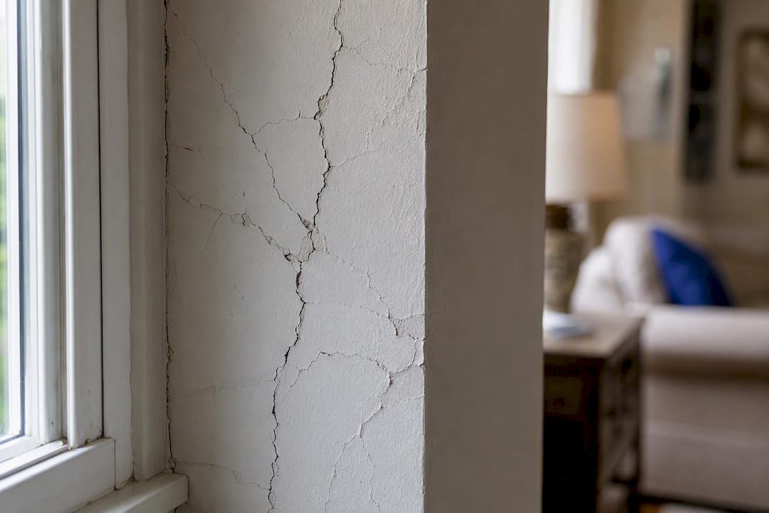 Close-up of drywall cracks near doorway