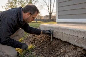 Inspector examining cracked foundation edge