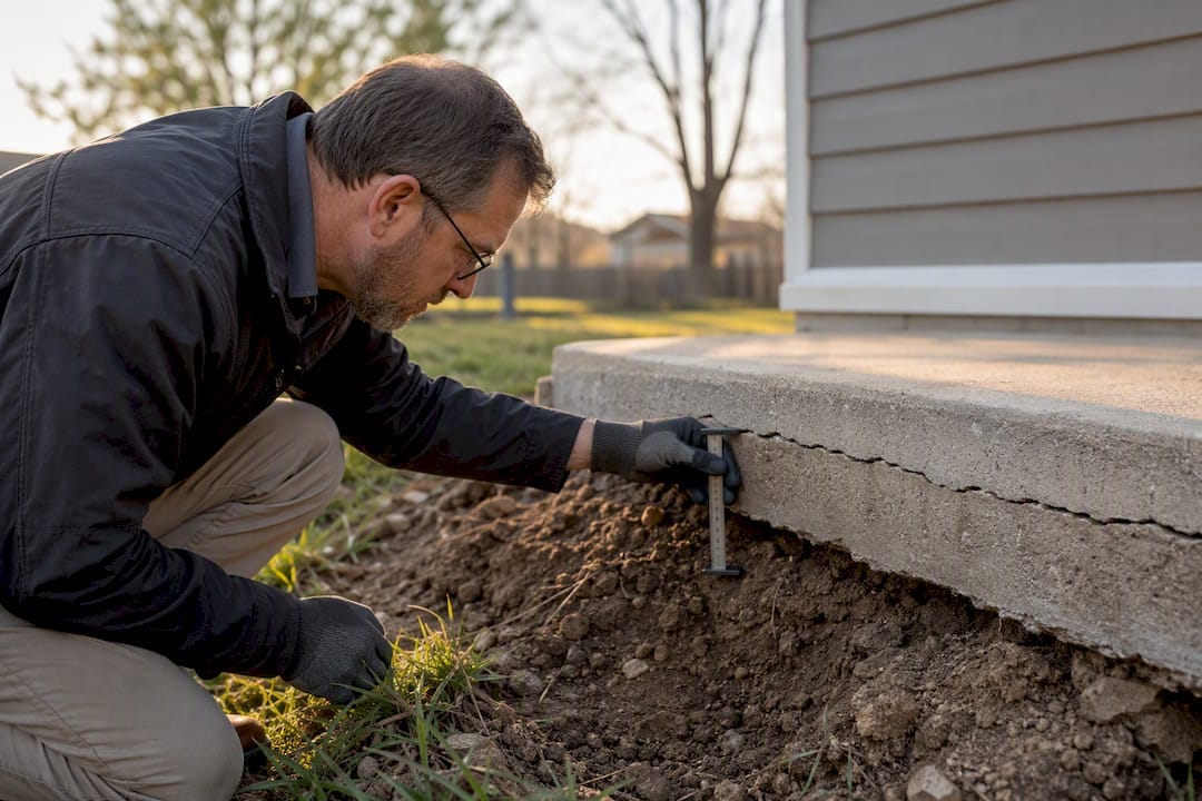 Inspector examining cracked foundation edge