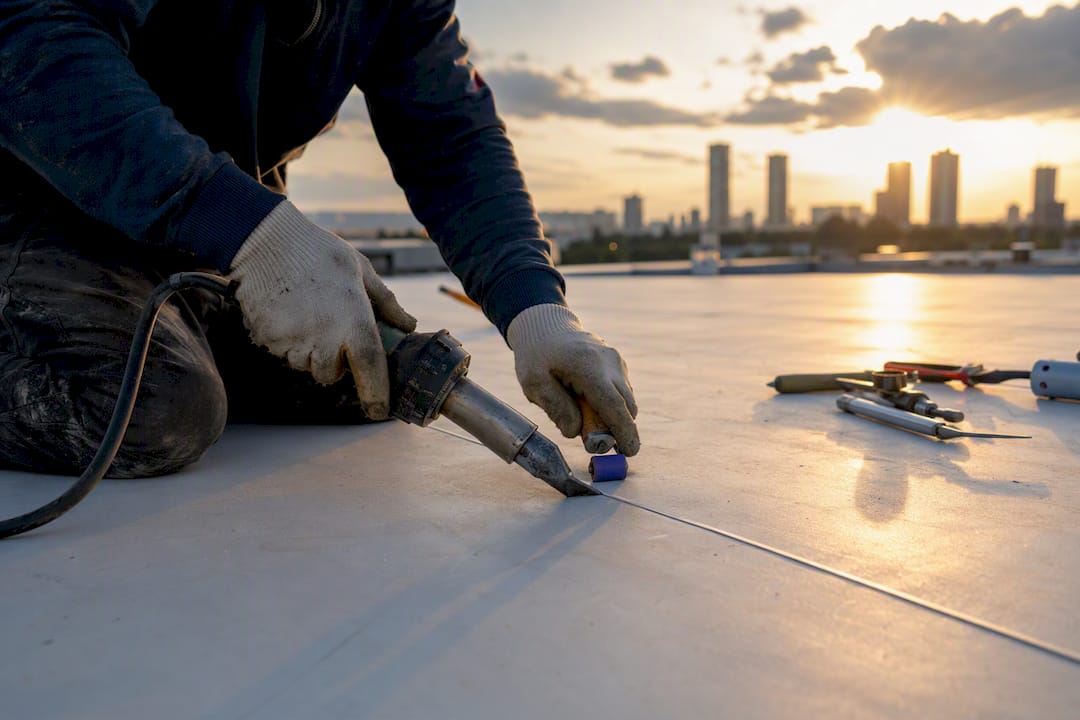 Roofer heat welding TPO membrane seam