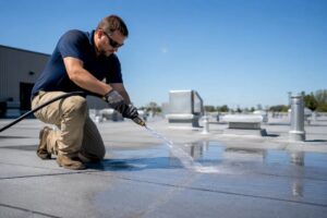 Inspector performing hose test on commercial flat roof
