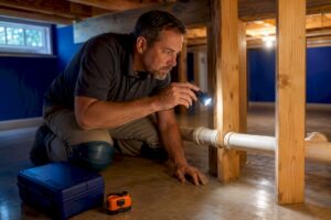 Inspector examining basement plumbing and framing