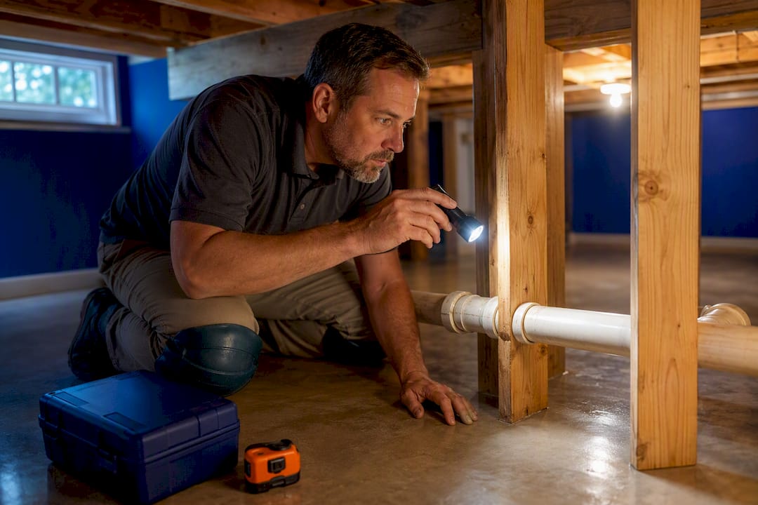 Inspector examining basement plumbing and framing