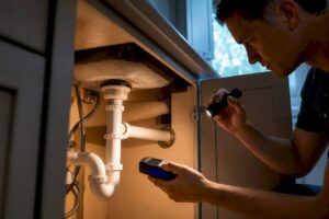 Inspector examining accessible kitchen plumbing