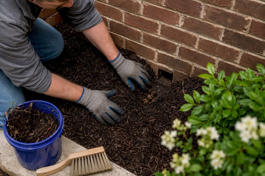 Hands clearing mulch from brick weep hole