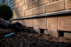 Brick veneer weep holes partly covered by mulch