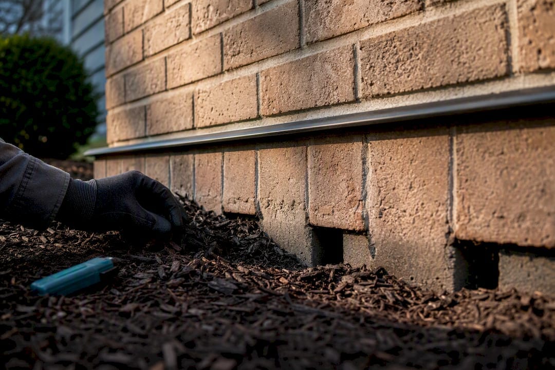 Brick veneer weep holes partly covered by mulch