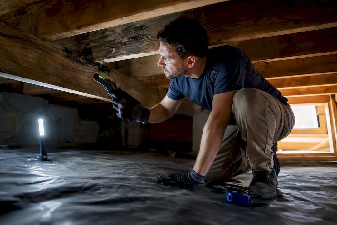 Inspector checking crawl space moisture and staining