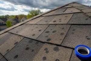 Close view of hail impacts on roof shingles