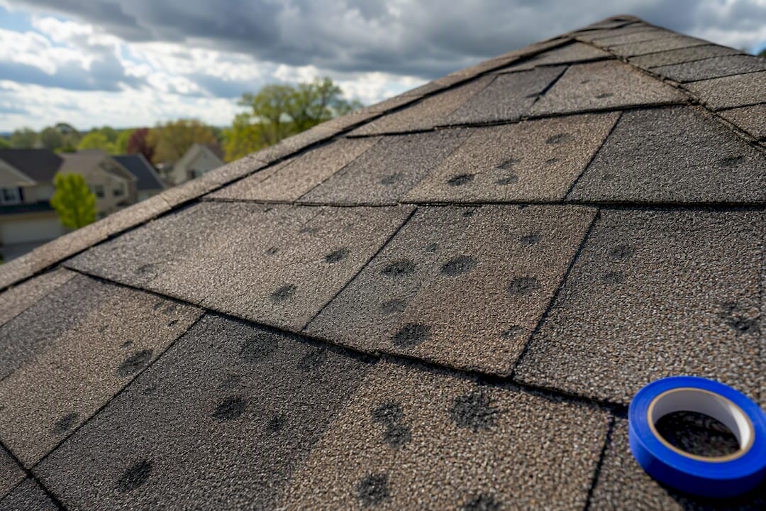 Close view of hail impacts on roof shingles