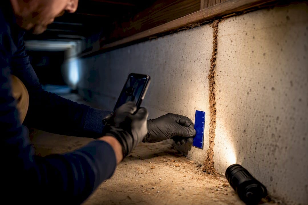 Inspector documenting termite mud tube