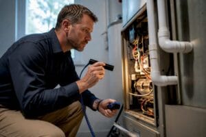 Inspector examining residential HVAC system