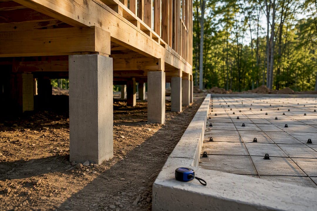 Pier and beam beside slab foundation