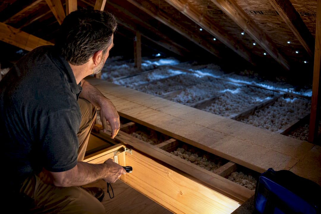 Inspector examining residential attic structure