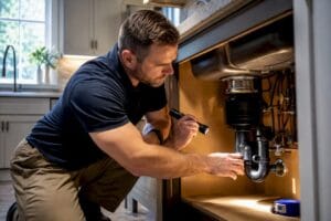 Inspector checking hidden kitchen plumbing defect