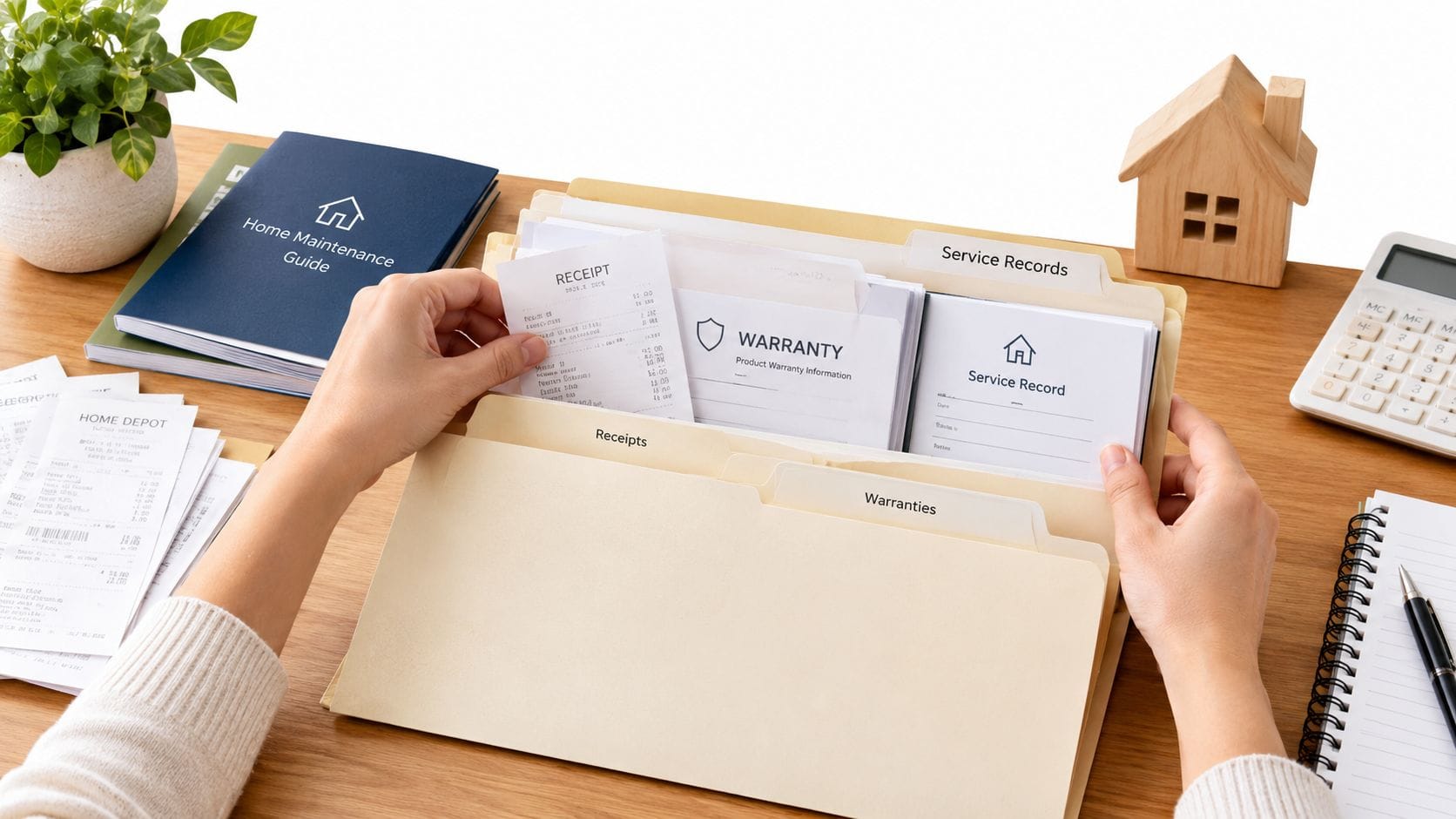 A person organizing home-related documents and receipts into a folder on a desk in preparation for a home inspection.