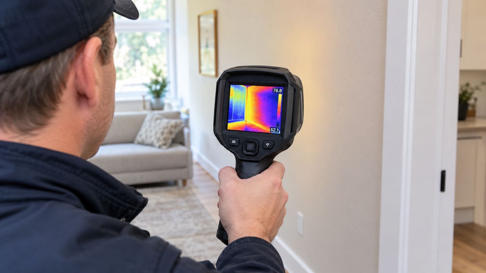 A home inspector's hand holding a thermal imaging camera to scan a wall for hidden heat signatures.