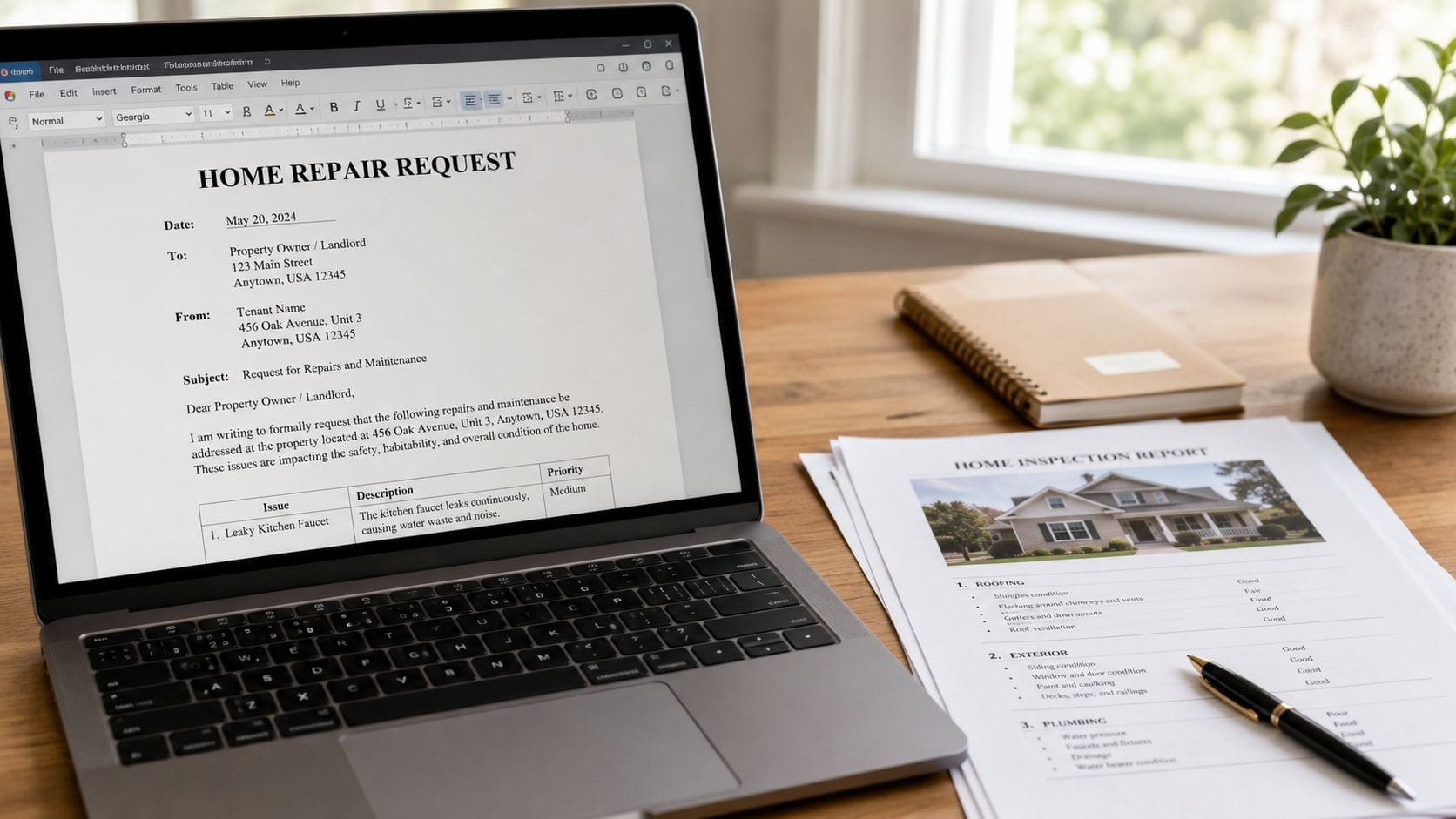 A laptop showing a home repair request document on a desk, next to an inspection report and pen, illustrating the negotiation process.