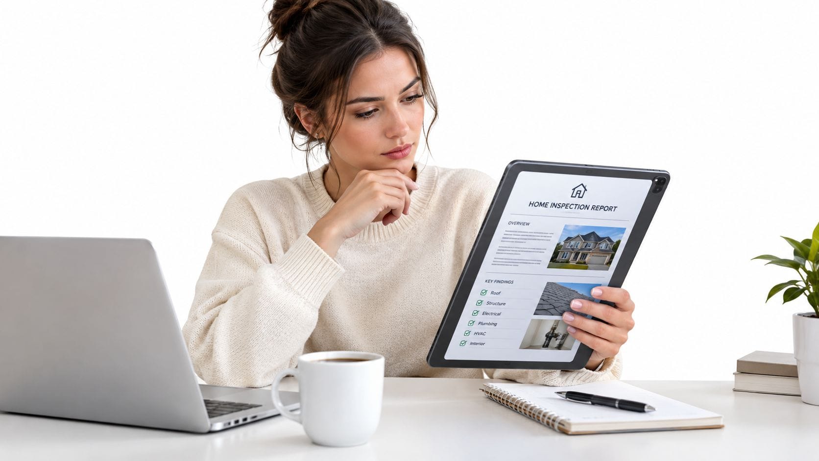 A homeowner sits at a desk, looking thoughtfully at a home inspection report on a tablet before negotiations.