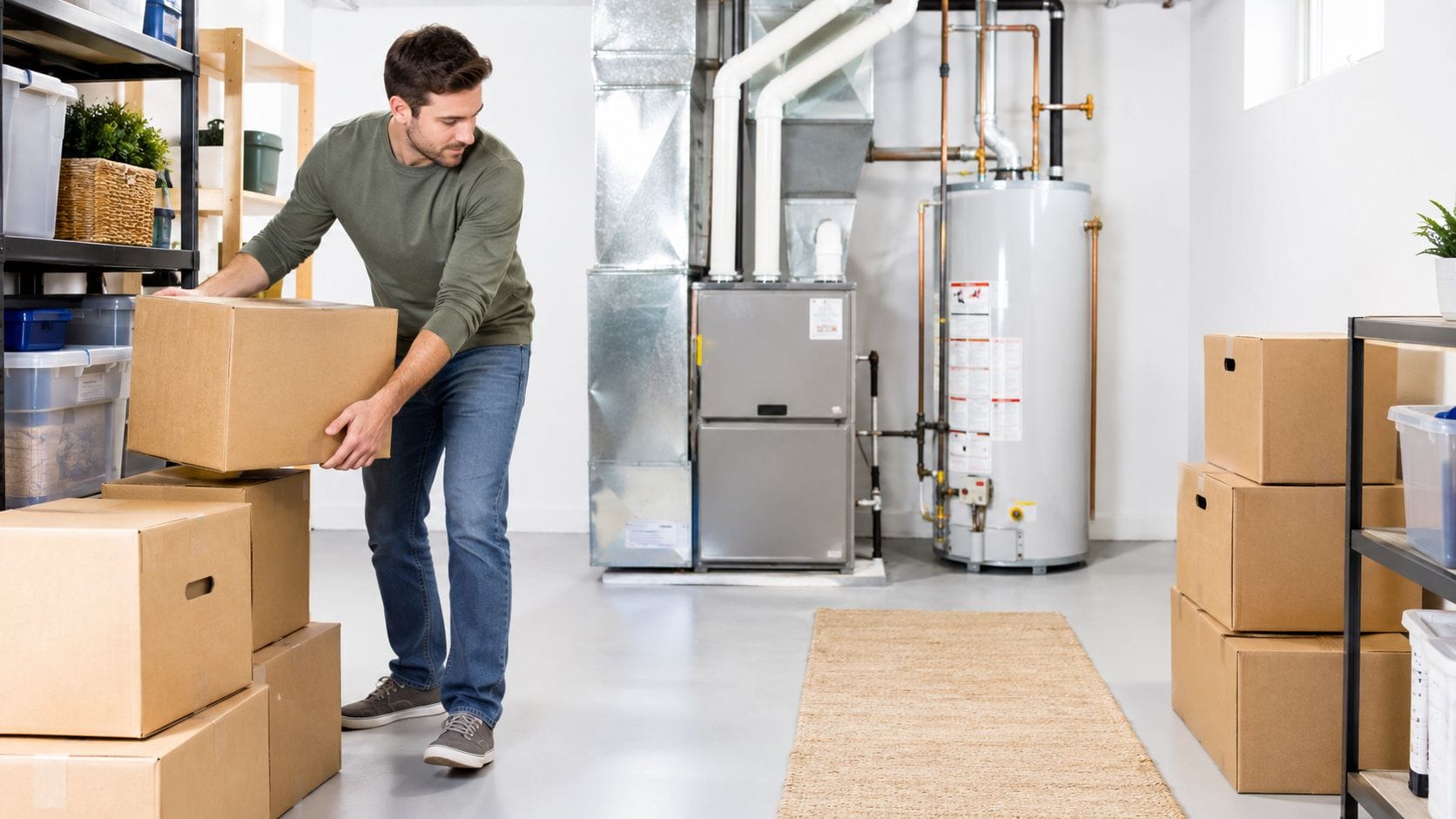 A person moving boxes in a basement to provide clear access to a furnace for a home inspection.
