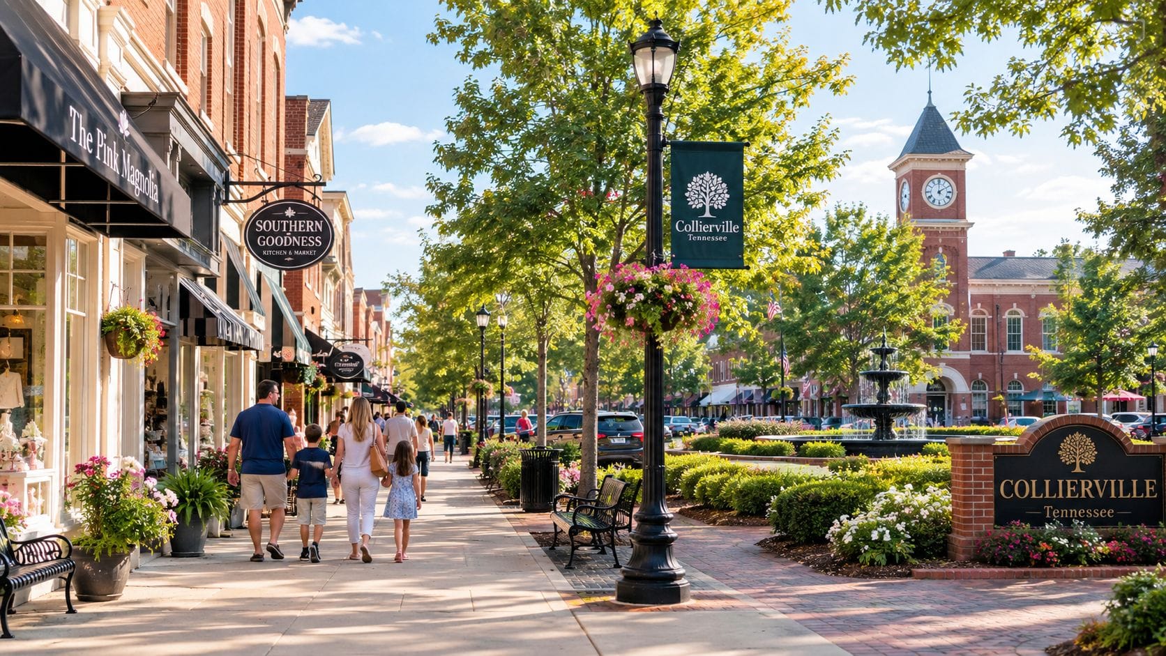A view of the charming town square in Collierville, a family-friendly suburb of Memphis, Tennessee.