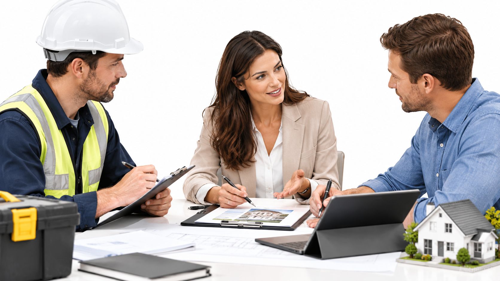 Construction professional, real estate agent, and homebuyer reviewing blueprints and models during a property consultation session.