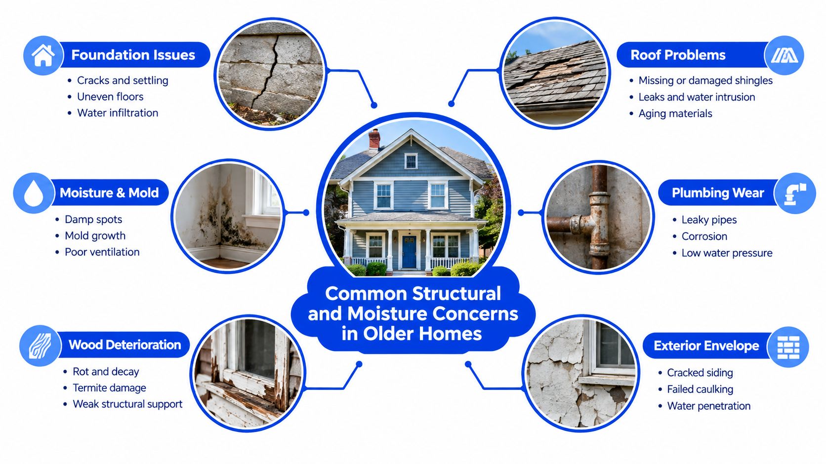 An infographic illustrating six common structural and moisture problems found in older homes, including foundations and roofing.