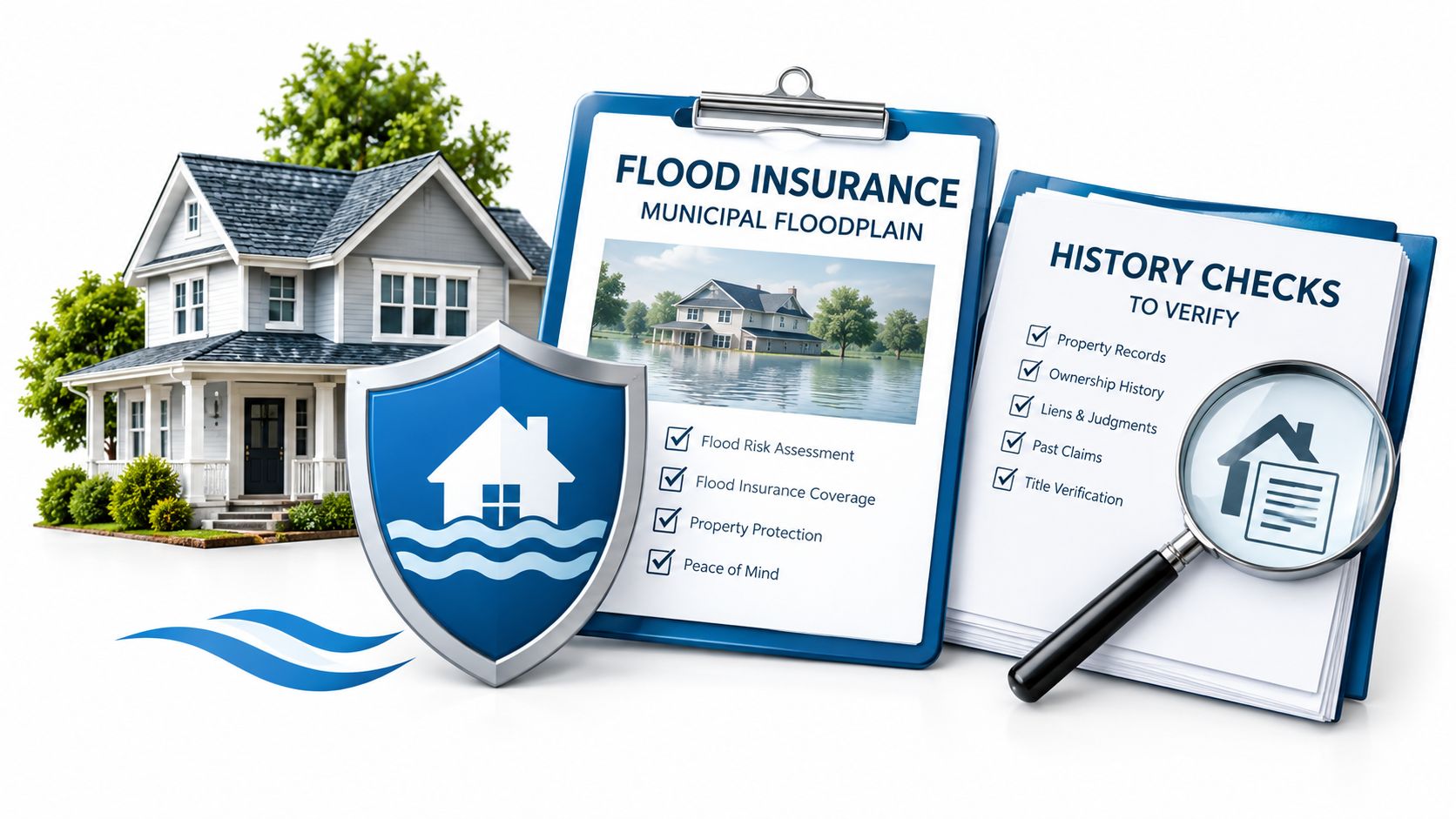 A house model with a flood protection shield, a flood insurance clipboard, and a property history checklist.