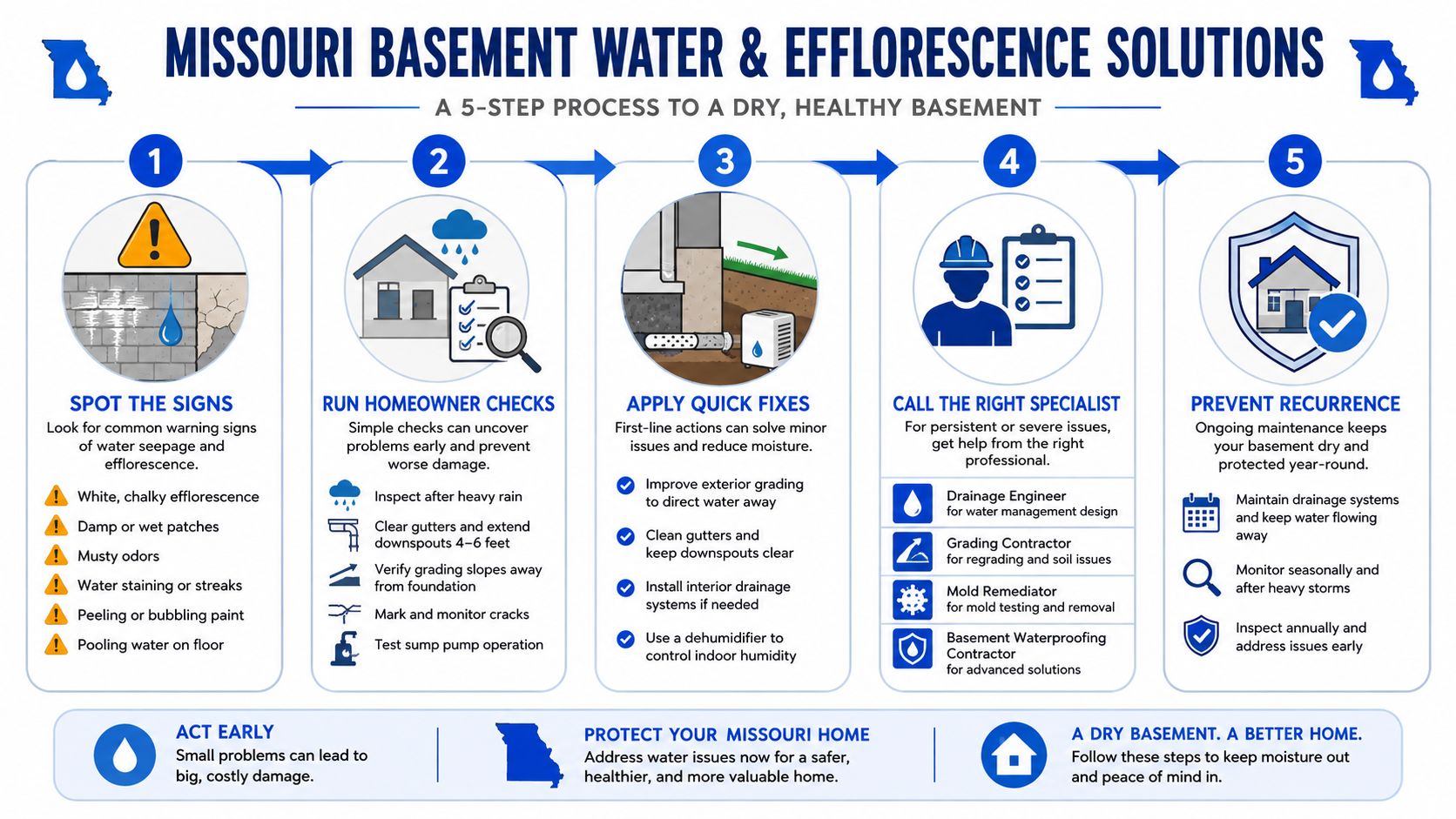 An infographic titled Missouri Basement Water and Efflorescence Solutions outlines a five-step process for a dry basement.